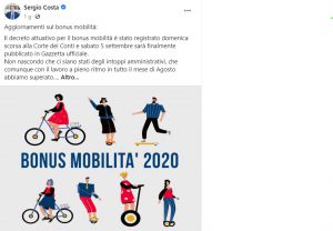 Ministro Sergio Costa:pagina facebook-bonus mobilita 2020