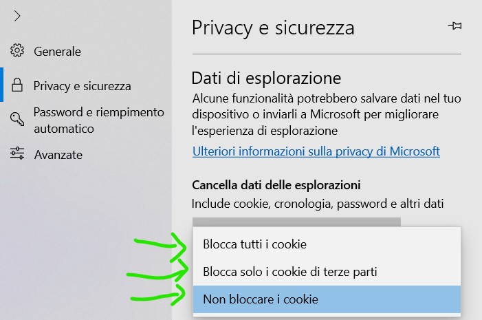 Per bloccare o consentire i cookie in Microsoft EDGE