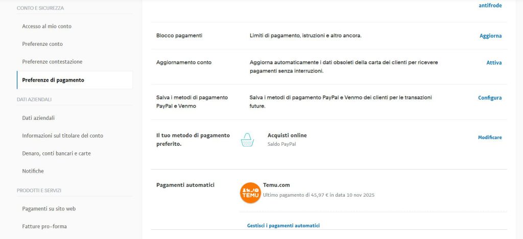 Preferenze di pagamento PayPal