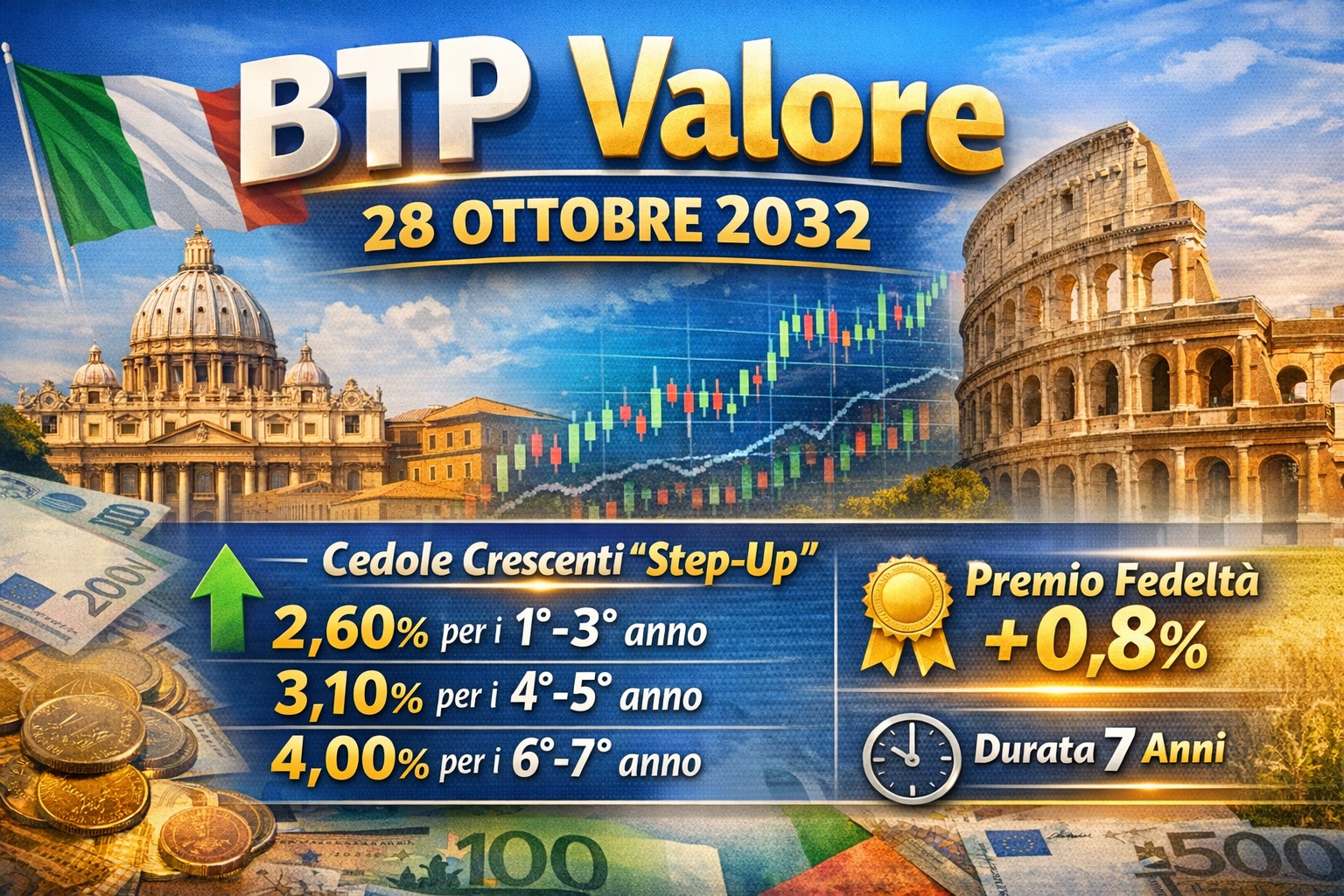 BTP Valore 28 ottobre 2032 - tassi 2,60% 3,10% 4,00% e premio fedeltà 0,8%