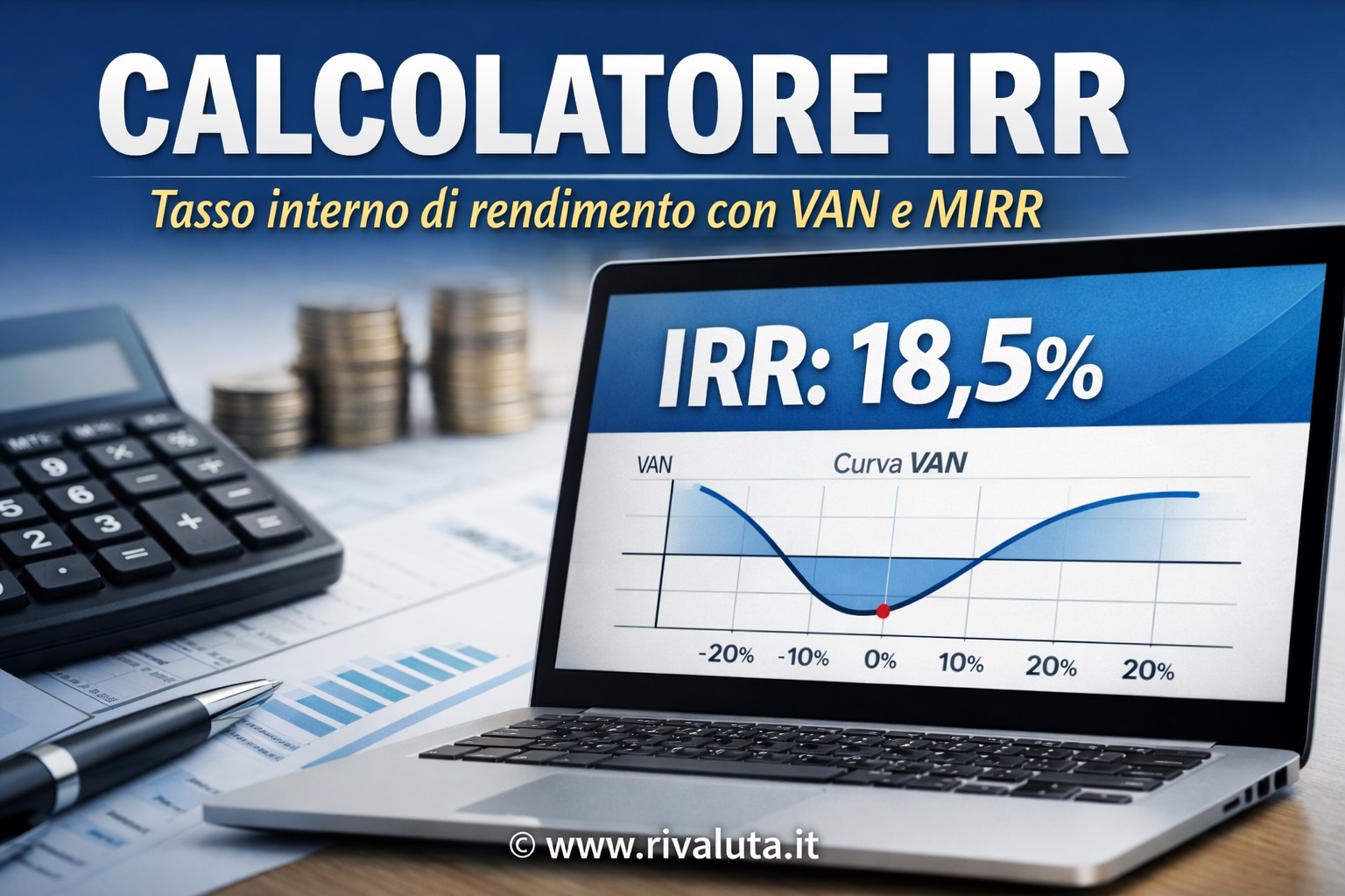 Calcolatore IRR professionale con curva VAN e analisi del rendimento