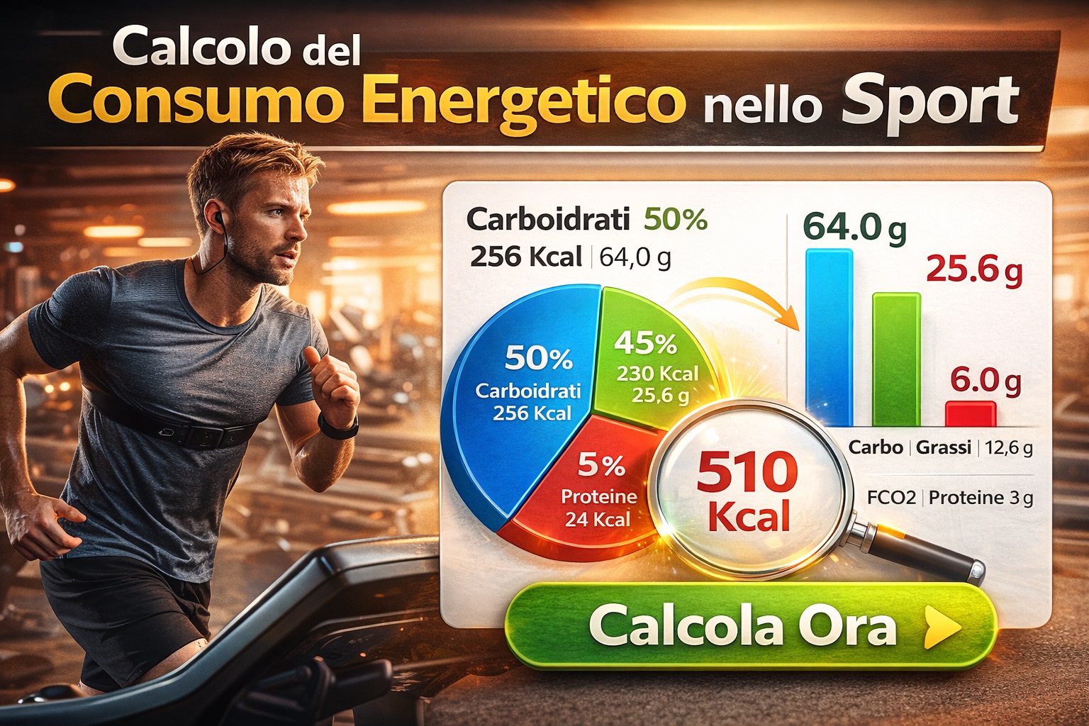 Calcolo del consumo energetico nello sport con grafico di carboidrati e grassi