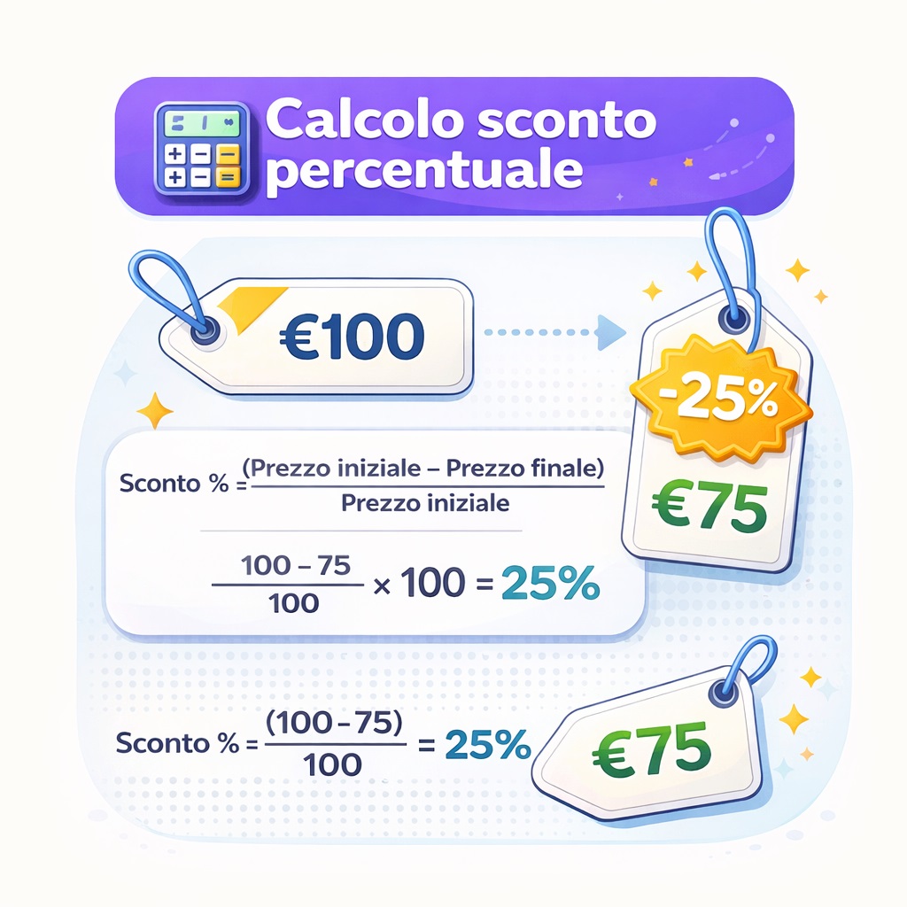 Calcolo sconto percentuale esempio da 100 a 75 euro con risultato 25 percento
